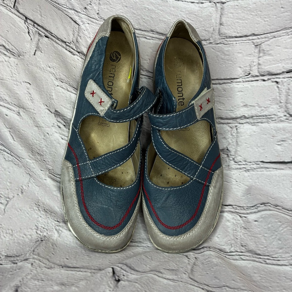Remonte Women’s Leather Mary Jane Slip On Walking Flats EU Sz 40 Gray Blue Red